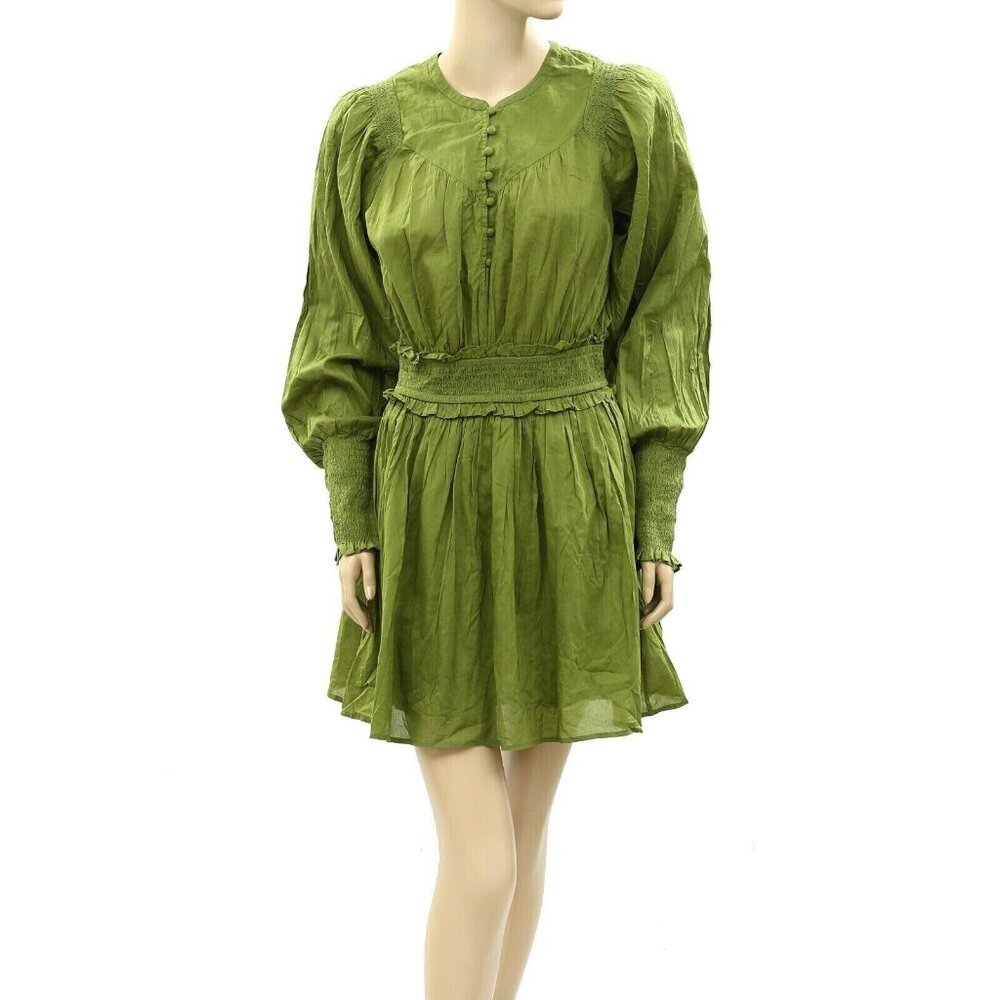 Happyxnature Kate Hudson Smocked Green Mini Dress Solid Cotton Ruffle M